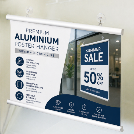 White Aluminium Poster Hanger Silver with Suction Cups | Window Display Sign Holder