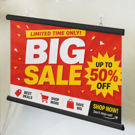 Black Aluminium Poster Hanger Silver with Suction Cups | Window Display Sign Holder
