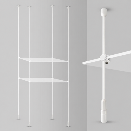White Suspended Rod Display Glass Shelves Kit – 6mm Rod Shelf Support System (Fittings Only No Glass)